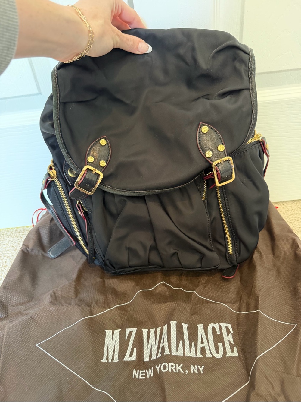 MZ Wallace Black Nylon Marlena Backpack Gold Hardware Red Trim